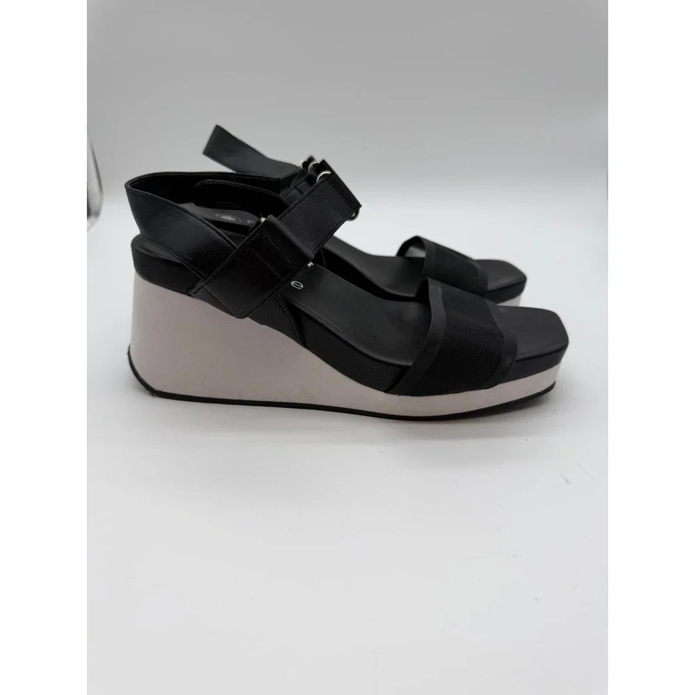 Nurture Profoam Black White Platform Wedge Sandals Square Toe Mesh‎ Strap 7.5M